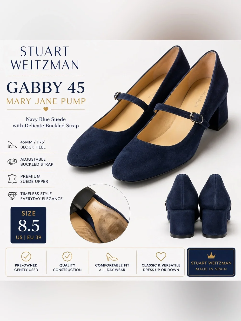 Stuart Weitzman Gabby 45 Mary Jane Pumps Navy Blue Suede Women’s 8.5